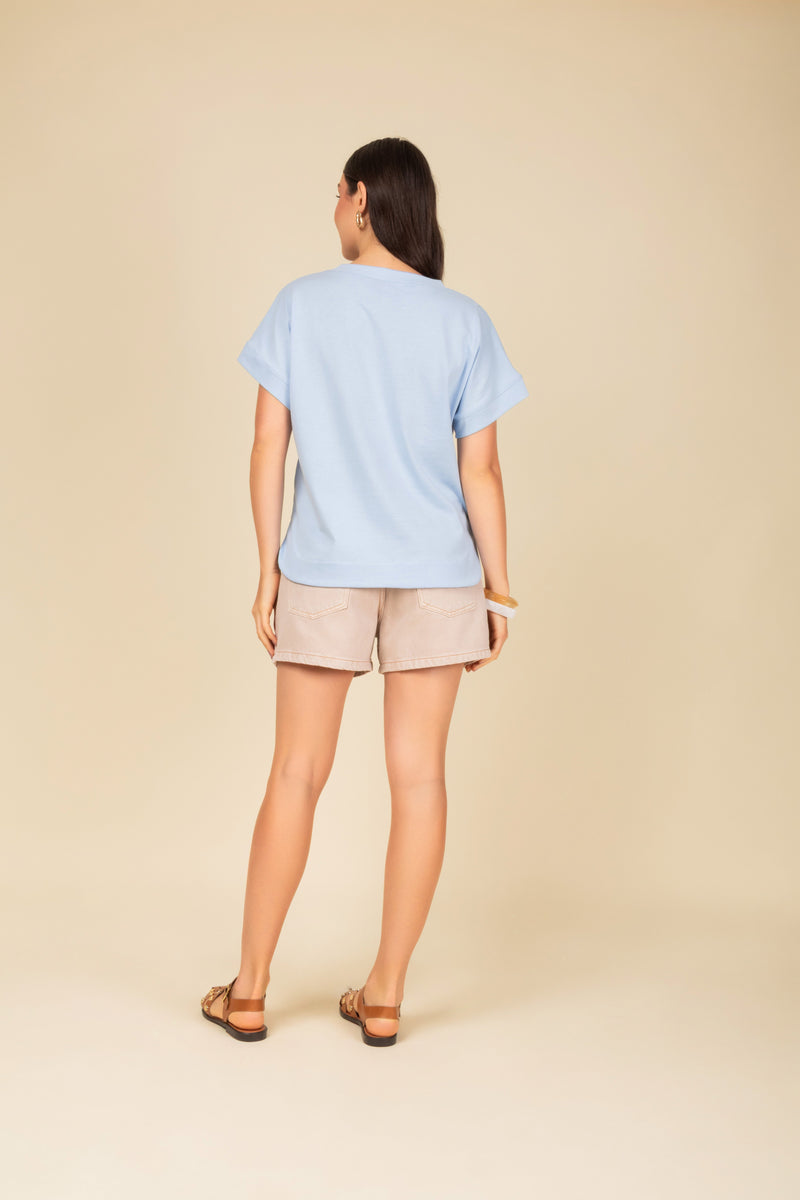 Blusa Decote em V com Manga Dobrada