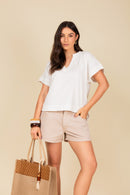 Blusa Decote em V com Manga Dobrada