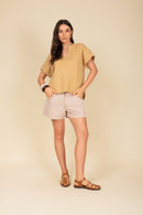 Blusa Decote em V com Manga Dobrada