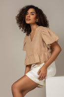 Blusa Cropped Com Mangas Bufantes