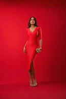 Vestido Midi Manga Curta Fenda Esme